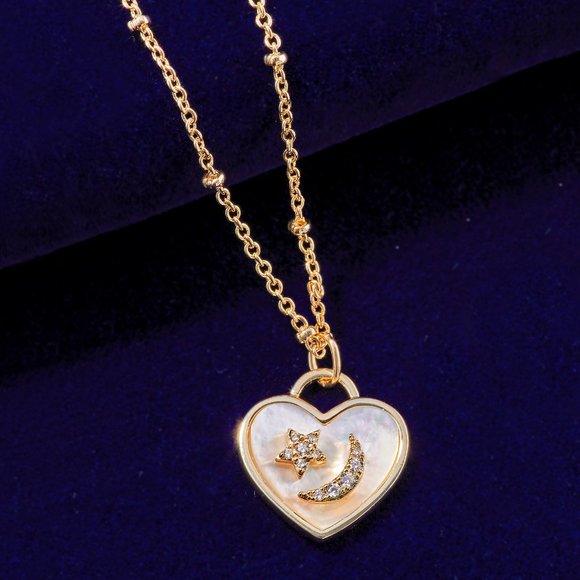 Champagne Gold Necklace with Mother Of Pearl, Heart with Star and Moon - Picture 4 of 7
